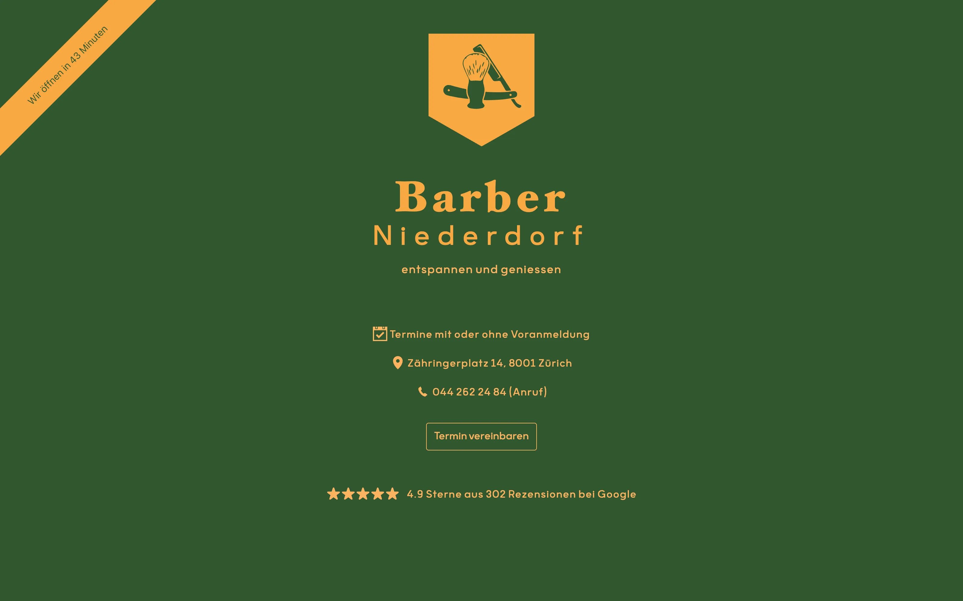 The Barber Niederdorf website in green and orange: the logo, the address and phone number, a booking button, the Google rating, and a corner ribbon saying when the shop opens.
