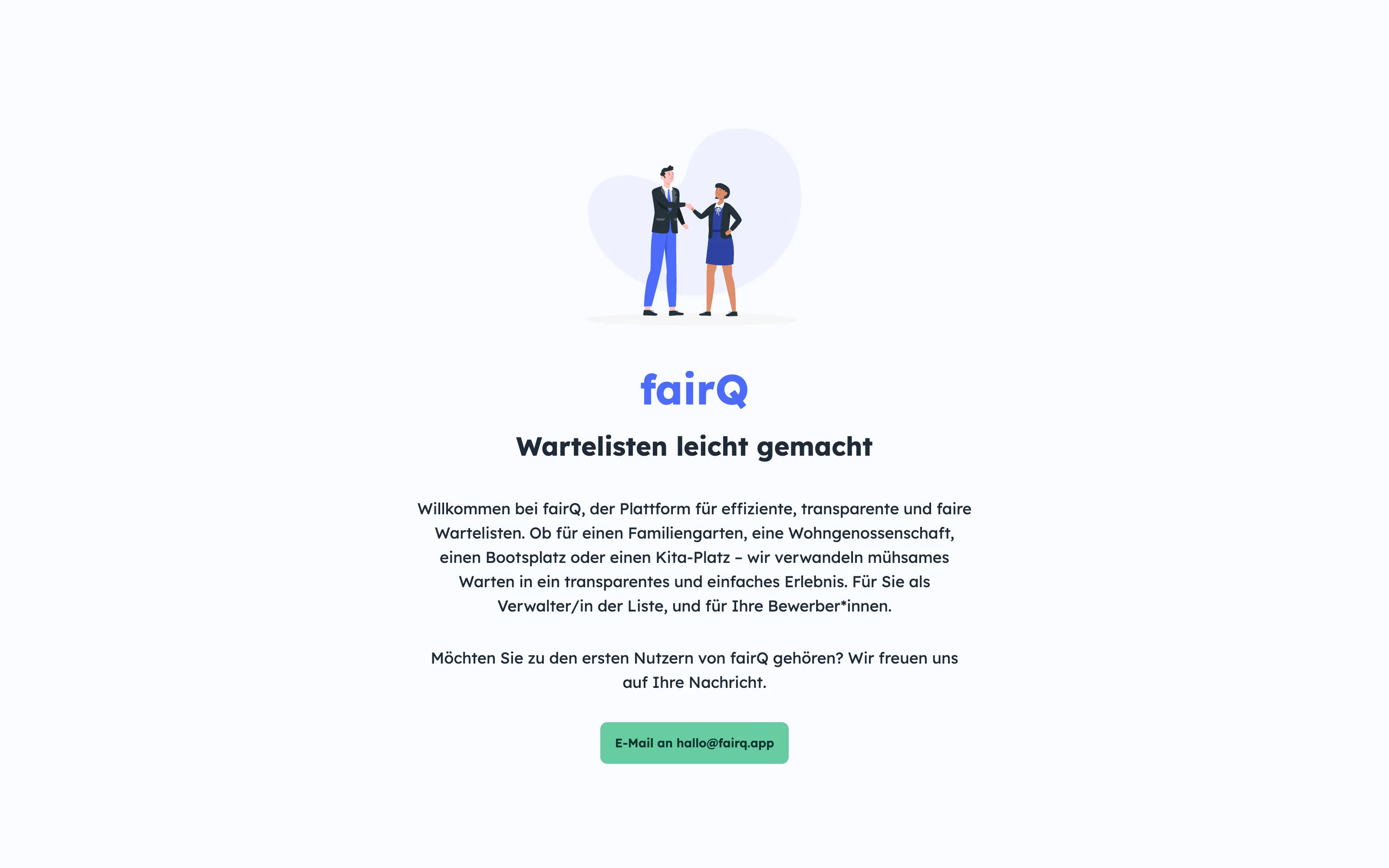 The fairQ start page, with its logo, the line “Wartelisten leicht gemacht” and a short introduction in German.