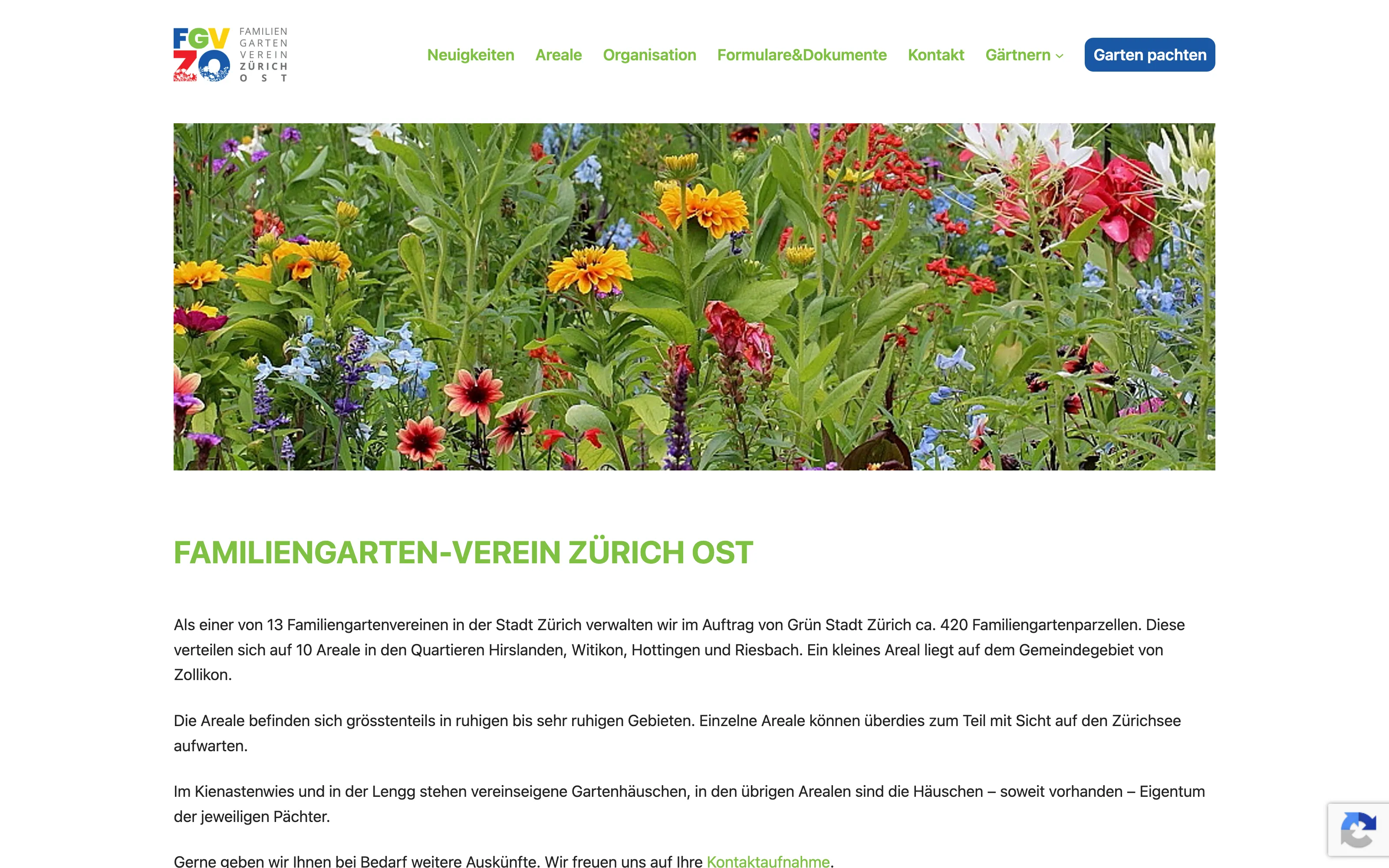 The Familiengartenverein Zürich Ost website, with a photo of a flower bed in full bloom above an introduction to the association.
